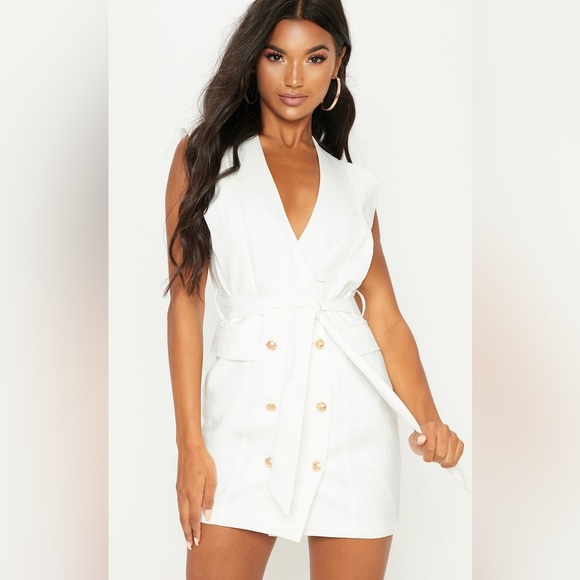 PrettyLittleThing | Dresses | Nwt Pretty Little Things White Sleeveless Gold Button Detail Blazer Dress